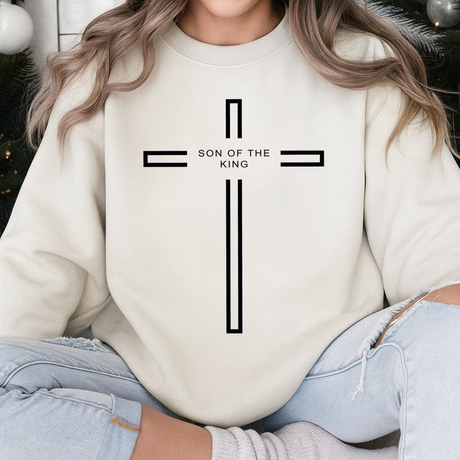 Son Of The King Cross Sweatshirt | Minimalist Religious Scripture Graphic | Soft Cotton-Blend Premium Apparel | Faith Gift For Men And Women
