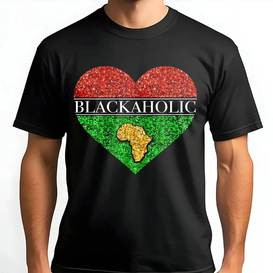 Blackaholic T-Shirt | Pan-African Flag Heart & African Continent Map | Premium Soft Cotton | Black Pride Gift for Women & Men