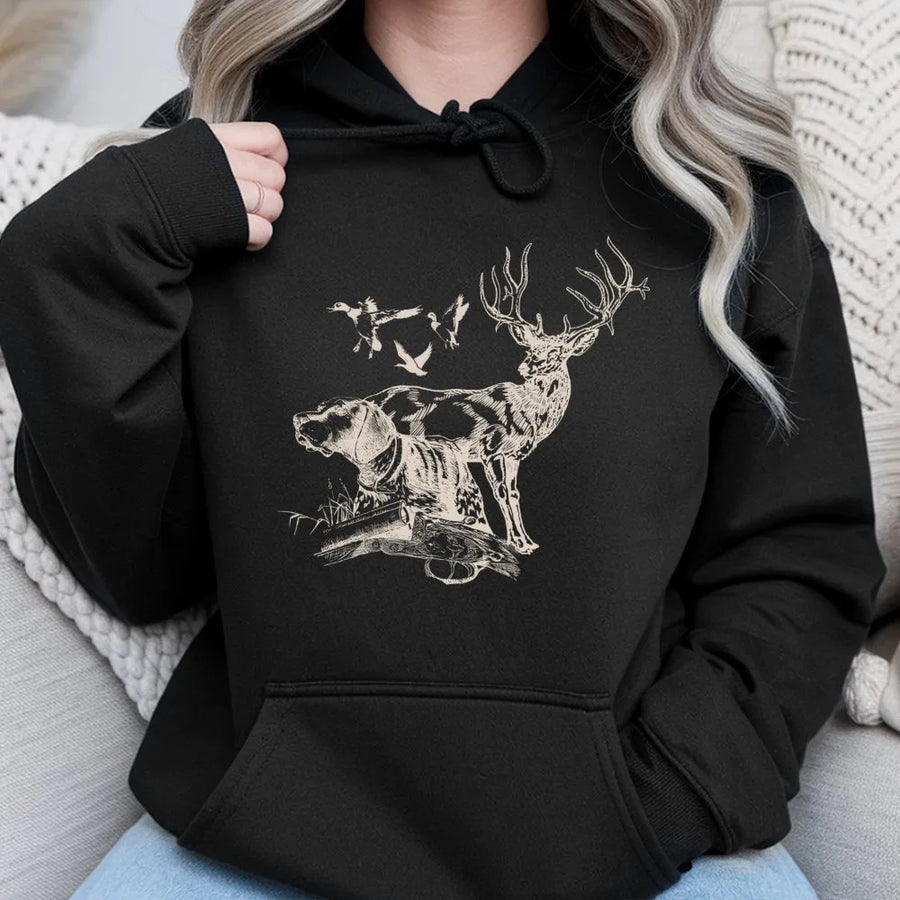 Wildlife Hunting Hoodie | Vintage Deer and Bird Graphic | Premium Cotton Blend | Gift for Outdoorsman and Hunter