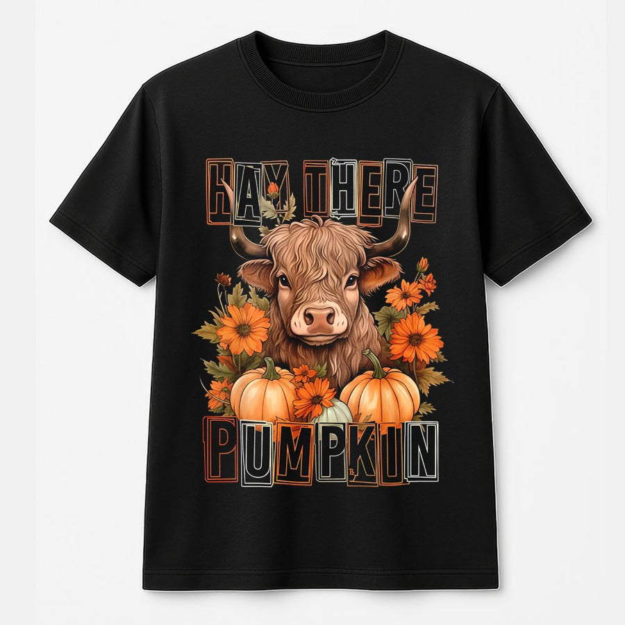 Hay There Pumpkin T-Shirt | Highland Cow Fall Graphic Tee | 100% Cotton Premium Quality | Cute Autumn Thanksgiving Gift for Women & Cow Lovers