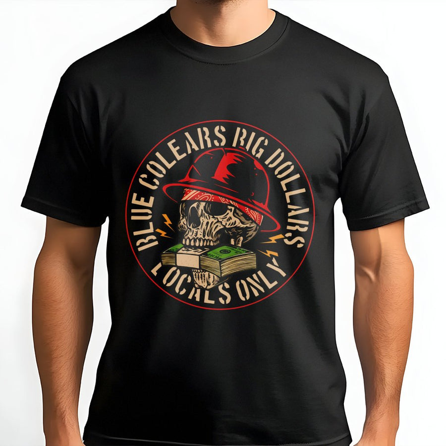 Blue Collar T-Shirt | Skull in Hard Hat Holding Cash Design | 100% Cotton Premium Graphic Tee | Gift for Construction Workers & Hustlers