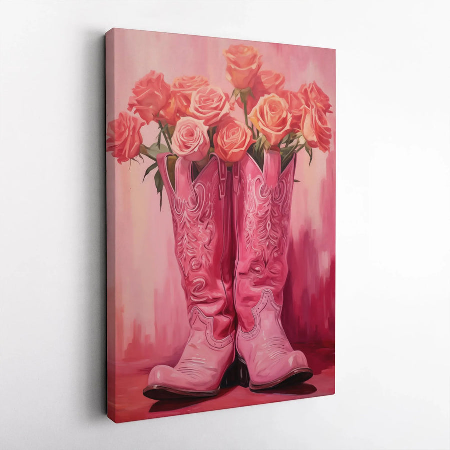 Pink Cowboy Boots Canvas Wall Art | Roses Bouquet Western Decor | 1.25" Gallery Wrap Premium Print | Country Aesthetic Gift for Her