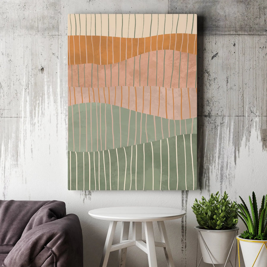 Abstract Geometric Vertical Canvas | Terracotta and Sage Wavy Line Art | Premium Thick Gallery Wrap | Modern Living Room Decor Gift