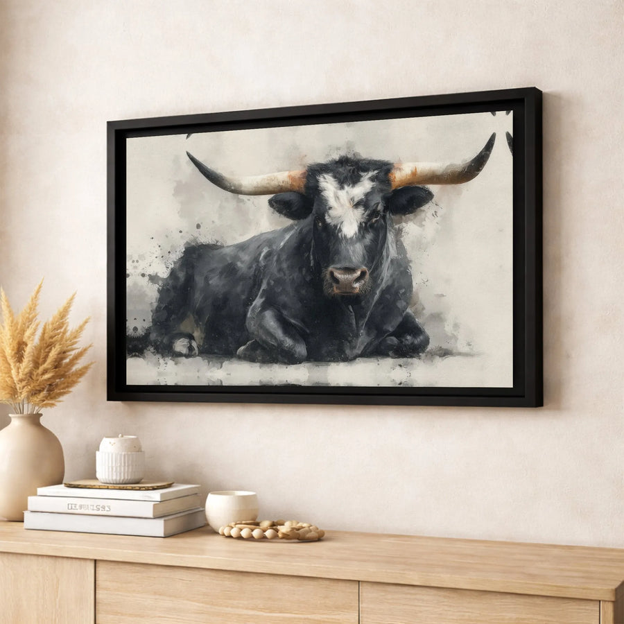 Texas Longhorn Bull Wall Art | Black And White Watercolor Animal Print | Premium 1.25" Gallery Canvas | Farmhouse Western Home Decor Gift