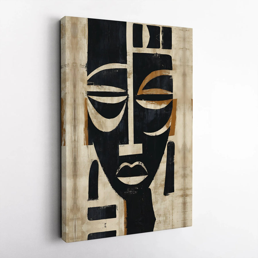 African Mask Canvas Wall Art | Abstract Cubist Face Portrait | Premium 1.25" Thick Gallery Wrap | Collector's Gift for Modern Home Decor