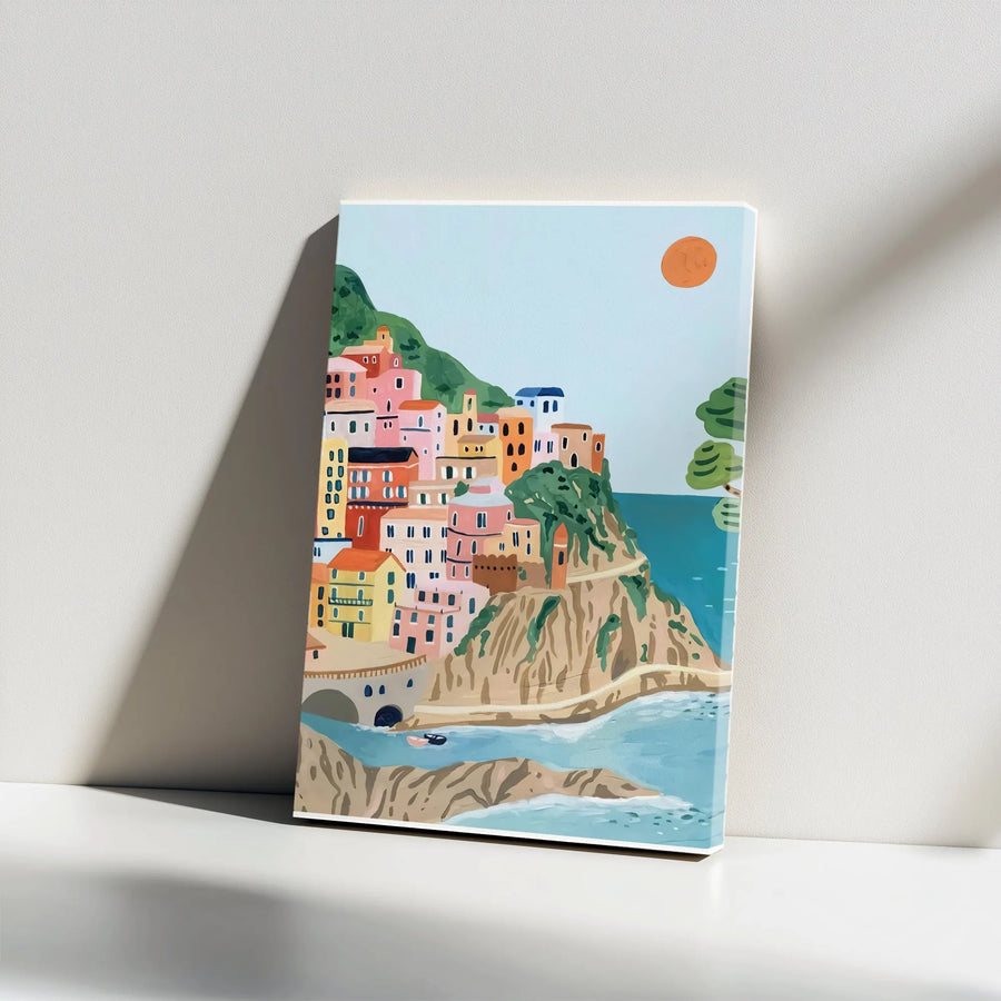 Italian Coastal Village Canvas Print | Mediterranean Amalfi Coast Illustration | Gallery Wrap Premium Wall Art | Aesthetic Travel Home Decor Gift