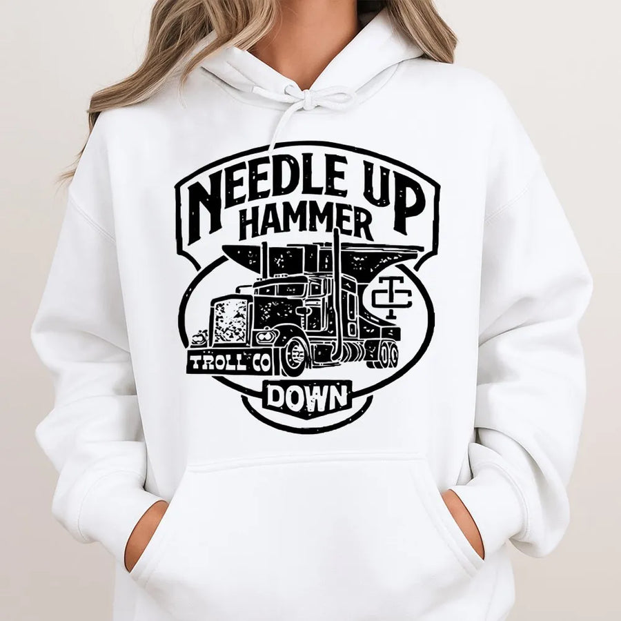Trucker Hoodie | Needle Up Hammer Down Semi Truck Design | Premium Cotton Blend | Gift For Heavy Equipment Operators And Blue Collar Workers