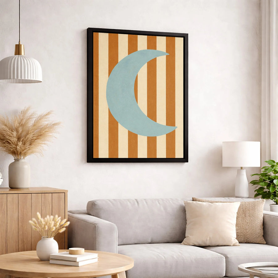 Crescent Moon Wall Art | Mid-Century Modern Striped Canvas | Gallery Quality 1.25” Thick Print | Minimalist Boho Home Decor Gift