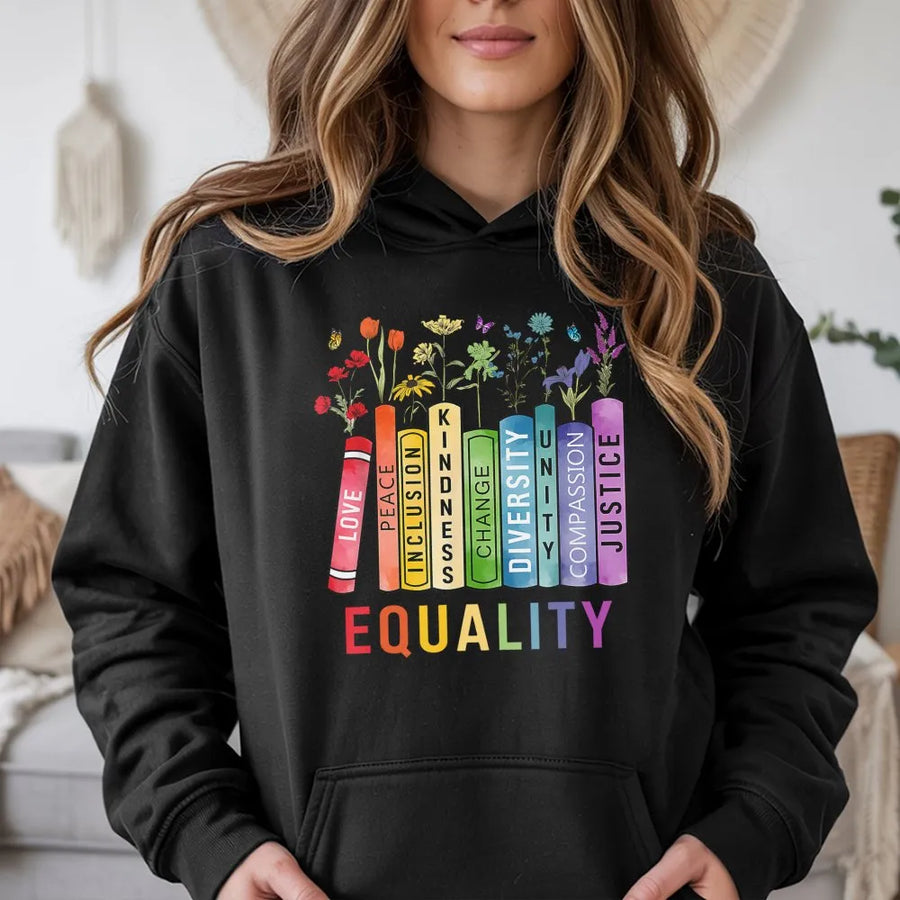 Equality Hoodie | Rainbow Books Floral Design | Soft Cotton Blend | Social Justice Gift for Activist and Ally