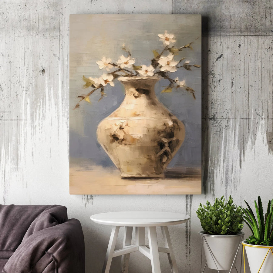 Still Life Floral Canvas Print | Impressionist White Flowers in Vase | Premium 1.25-Inch Gallery Wrap | Elegant Home Decor Art Gift