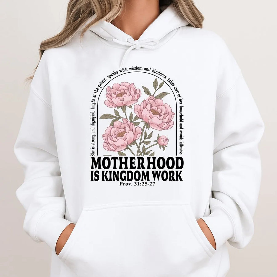 Christian Mom Hoodie | Motherhood is Kingdom Work Proverbs 31 | Premium Cotton Blend | Boho Floral Religious Gift for Mothers Day