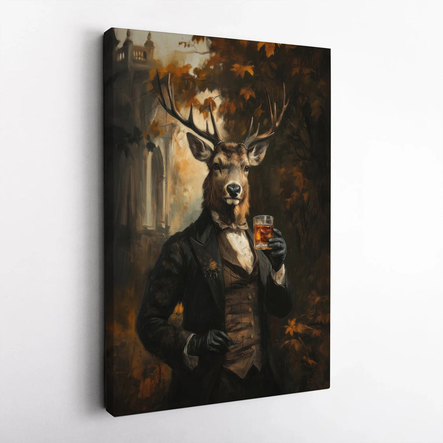 Distinguished Deer Portrait Canvas | Gentleman Stag in Suit with Whiskey | 1.25-Inch Gallery Wrap | Sophisticated Bar Wall Art for Home or Office