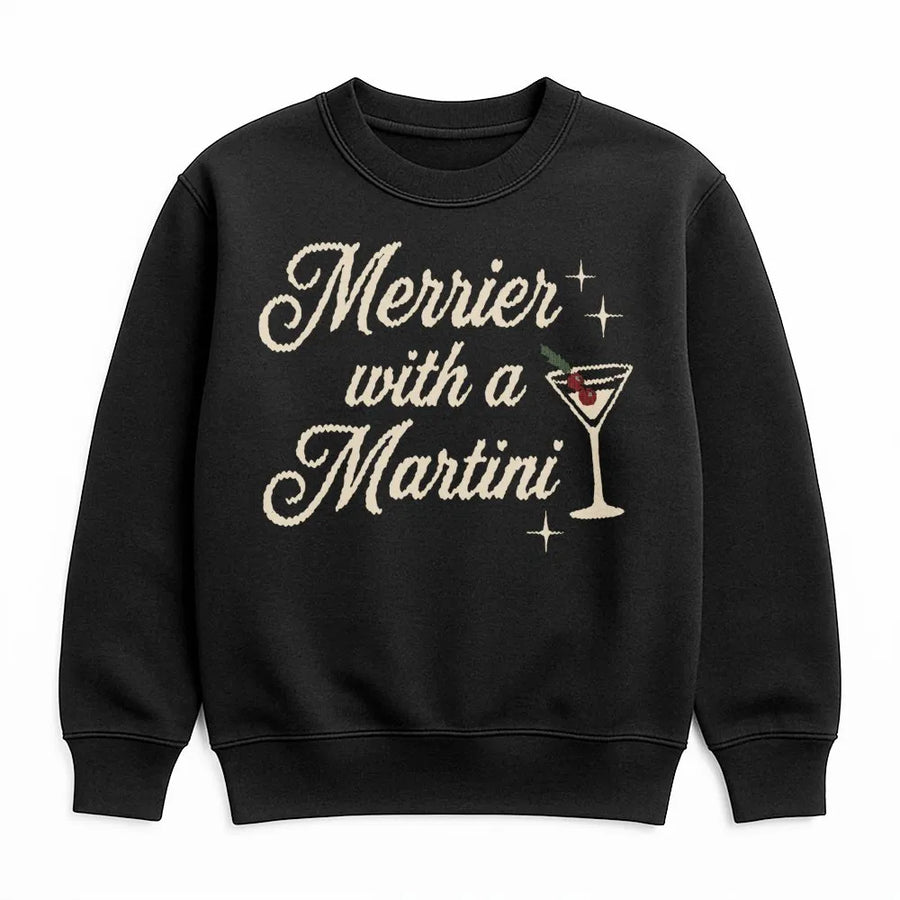 Merrier With A Martini Christmas Sweatshirt | Festive Holiday Drinking Graphic Tee | Premium Cotton Blend Crewneck | Funny Party Gift For Women