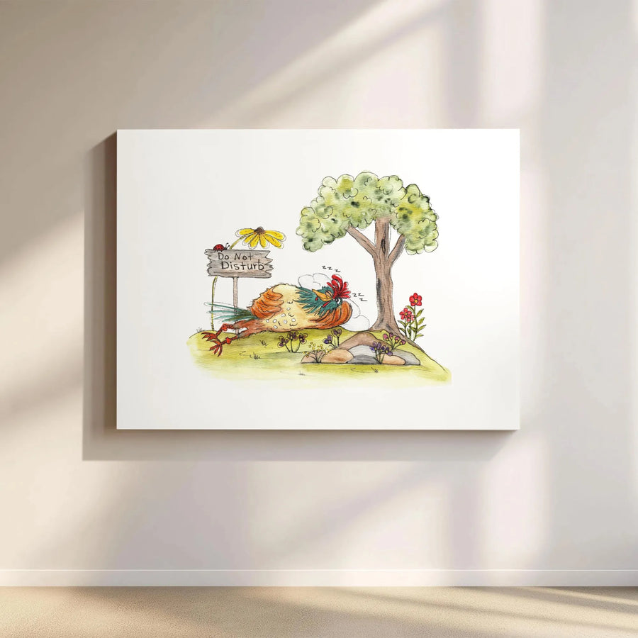 Sleeping Rooster Canvas Print | Whimsical 'Do Not Disturb' Watercolor Art | Premium Thick Gallery Wrap | Farmhouse Kitchen Decor Gift