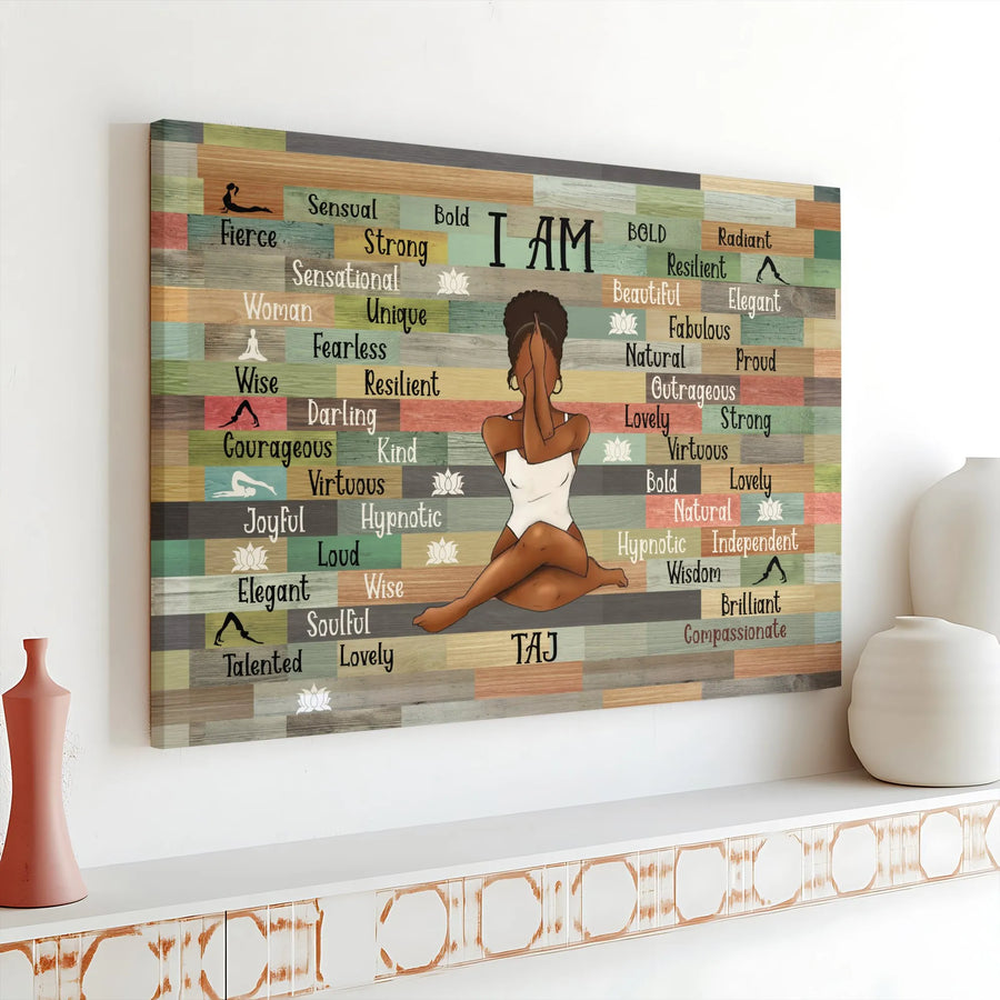 Black Woman Yoga Canvas Wall Art | I Am Positive Affirmations Spiritual Print | Premium Gallery Wrapped Decor | Inspirational Gift For Her