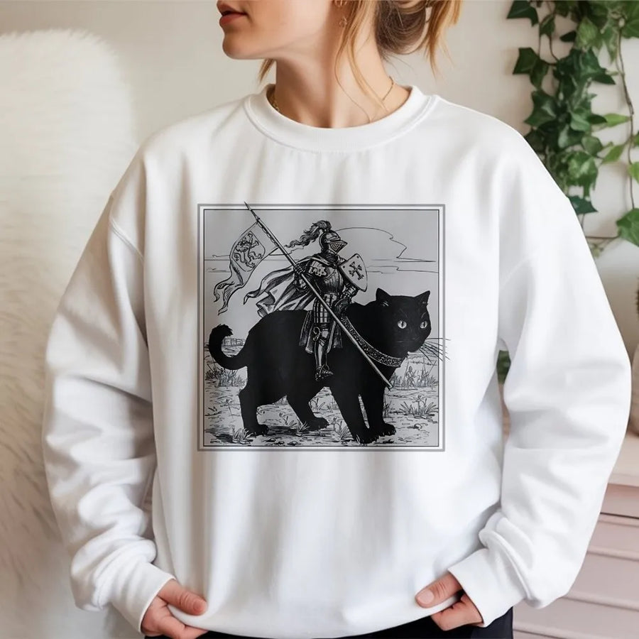 Knight Cat Sweatshirt | Medieval Black Cat Riding Armor Graphic | Premium Unisex Crewneck | Funny Renaissance Fair Gift for Cat Lovers