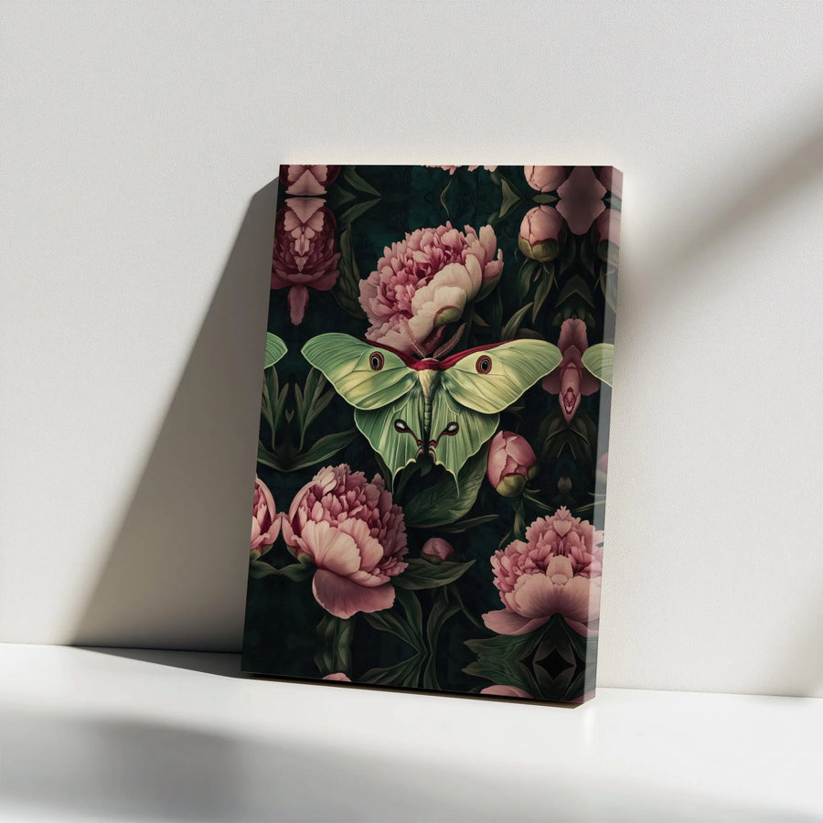 Luna Moth Canvas Wall Art | Vintage Botanical Illustration with Peonies | Premium Gallery Wrapped Canvas | Dark Cottagecore Home Decor Gift