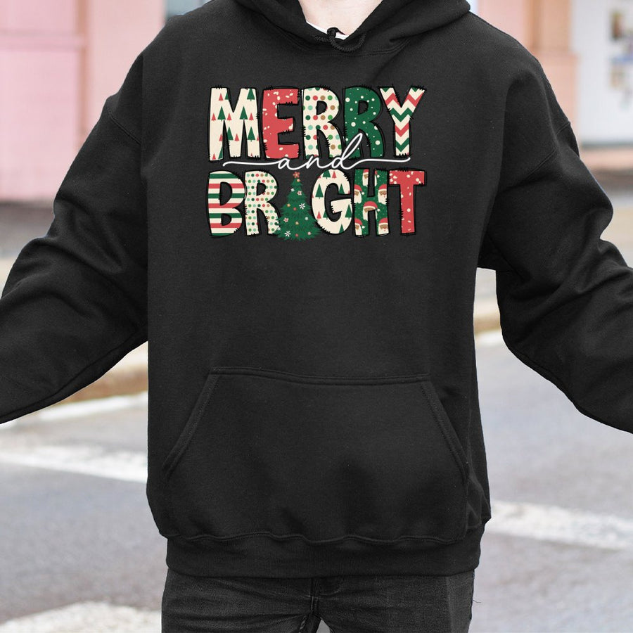 Merry And Bright Hoodie | Festive Christmas Tree Graphic | Cotton-Blend Premium Sweatshirt | Cozy Holiday Gift for Women and Men