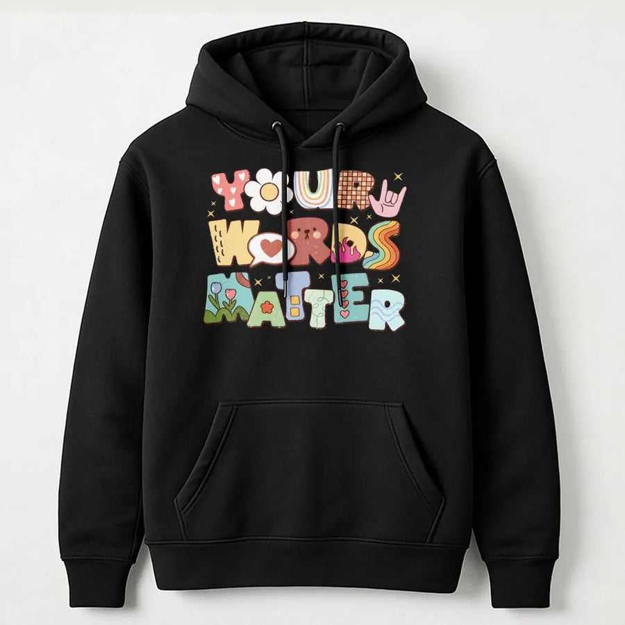 Your Words Matter Hoodie | Retro Groovy SLP Design | Premium Cotton-Polyester Blend | Speech Pathologist Gift for Teachers and Students