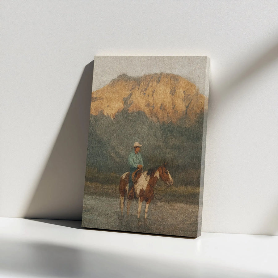 Cowboy Canvas Wall Art | Vintage Western Lone Rider on Horse Painting | Premium Textured Canvas Print | Rustic Home & Ranch Decor Gift