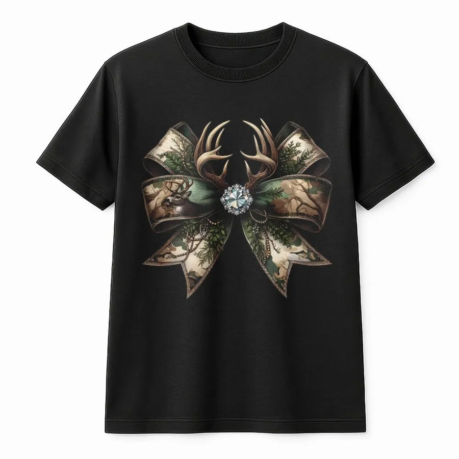 Camo Bow T-Shirt | Rustic Antler Hunting Graphic | Premium Soft Cotton | Coquette Country Western Gift for Her