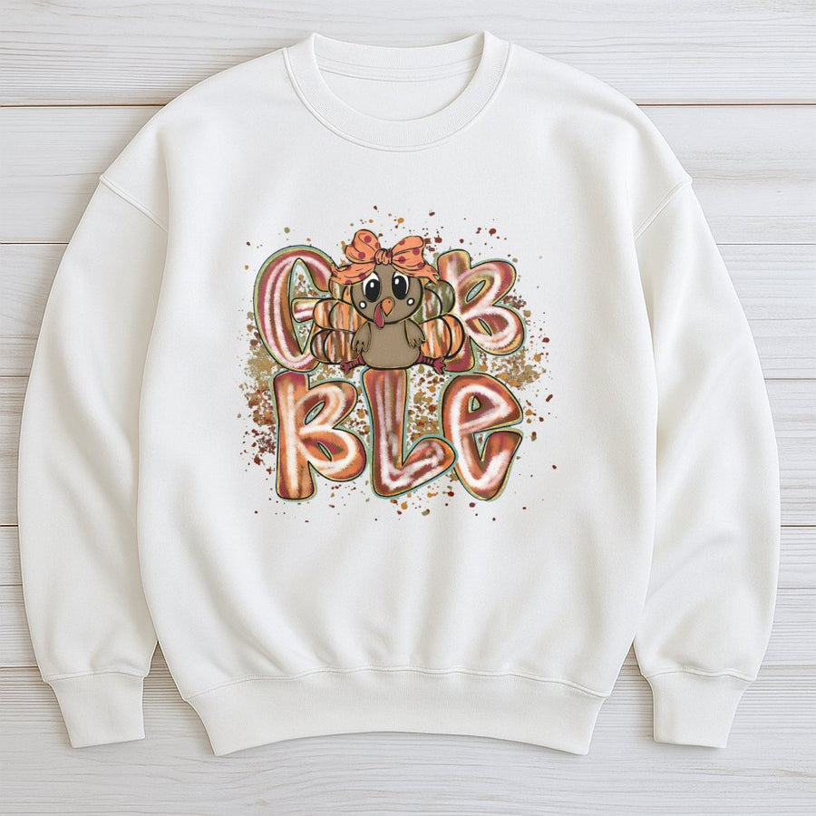 Gobble Turkey Sweatshirt | Coquette Bow Fall Graphic Print | Premium Cotton-Poly Blend | Thanksgiving Gift for Women & Girls