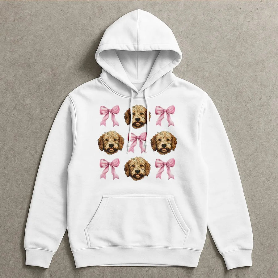 Goldendoodle Hoodie | Cute Pink Bow Dog Lover Design | Premium Cotton Blend | Aesthetic Dog Mom Sweatshirt Gift for Her