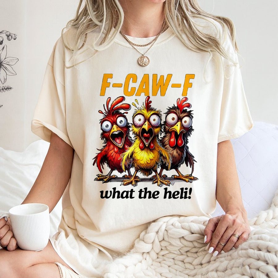 Funny Chicken Graphic T-Shirt | F-Caw-F What The Heli Pun | Premium 100% Cotton Tee | Gift for Farm Lovers & Backyard Chicken Keepers