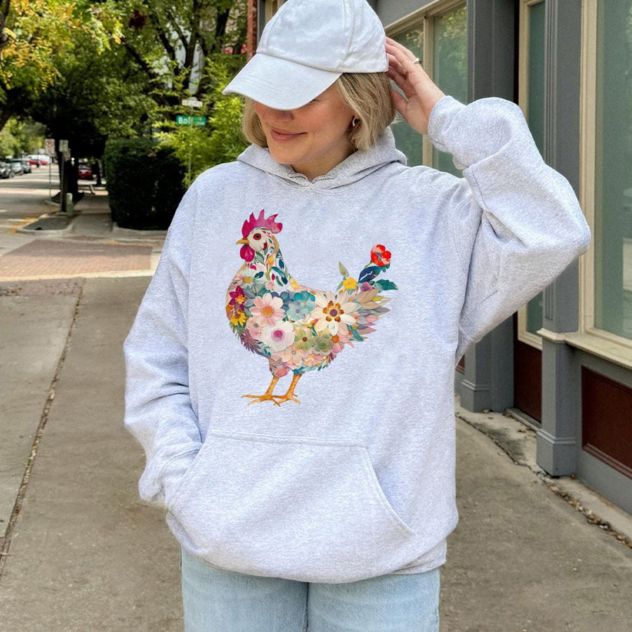 Floral Chicken Hoodie | Whimsical Hen Flower Art Graphic | Premium Cotton Blend Cozy Pullover | Gift for Farmers & Chicken Lovers