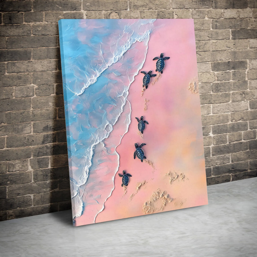 Baby Sea Turtles Canvas Art | Pink Beach Ocean Landscape | Premium Fade-Resistant Print | Coastal Wall Decor for Home or Office