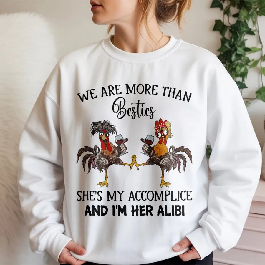 Bestie Matching Sweatshirt | Funny Chicken Wine Drinking Duo | Premium Cotton Blend | Gift For Best Friend Accomplice And Alibi