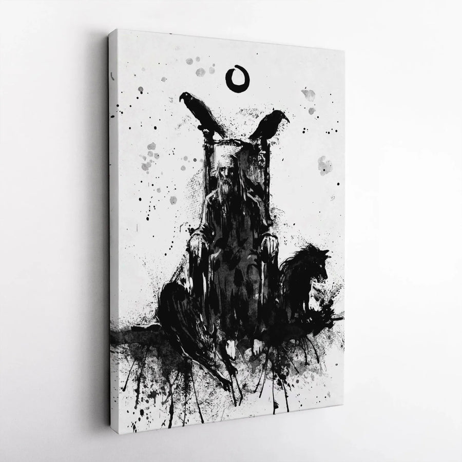 Odin Norse God Wall Art | Viking Raven and Wolf Ink Splatter Design | Premium Gallery-Wrapped Canvas | Mythology Decor Gift for Men