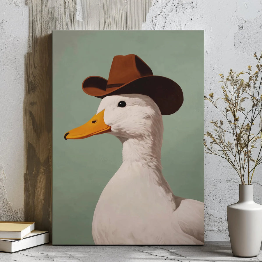 Cowboy Duck Wall Art | Whimsical Animal Portrait Canvas | Premium Gallery Wrap Decor | Farmhouse Nursery & Office Gift