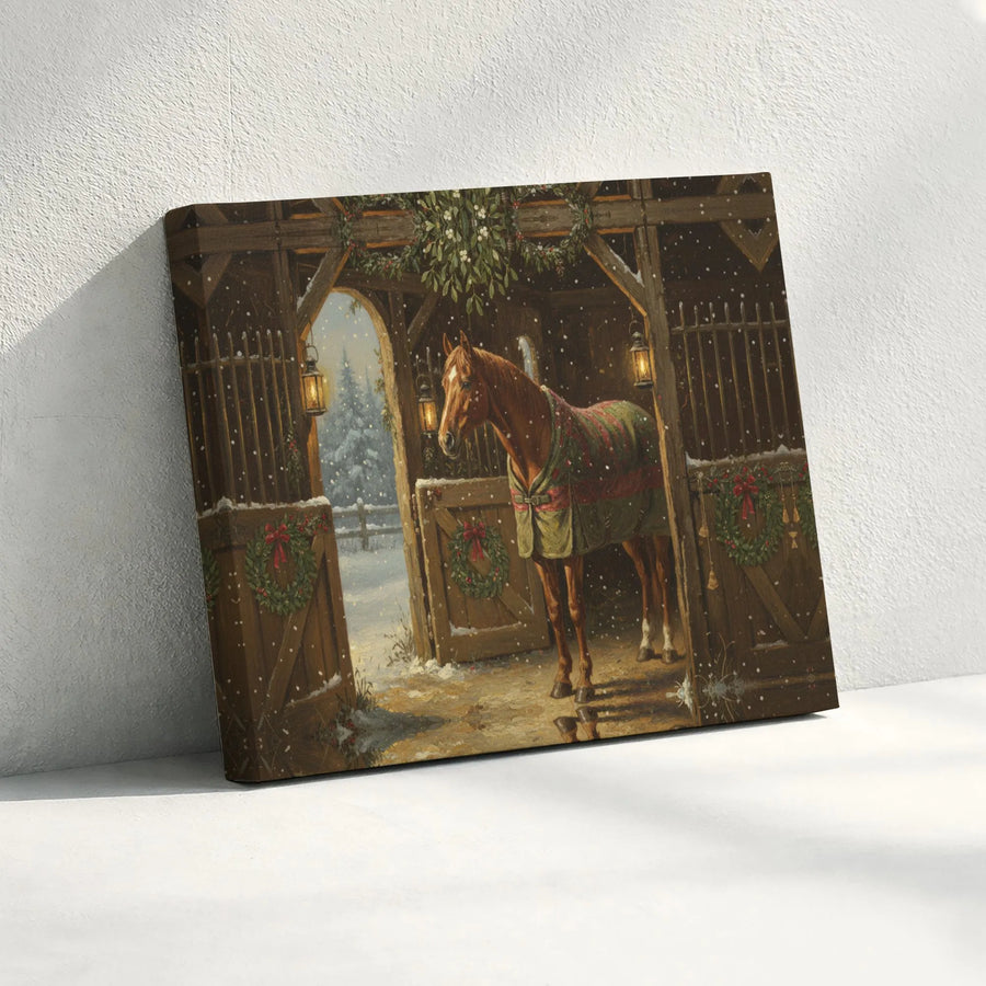 Horse In Snowy Stable Canvas Print | Winter Farmhouse Wall Art | 1.25-Inch Gallery Wrap | Festive Equestrian Christmas Decor Gift