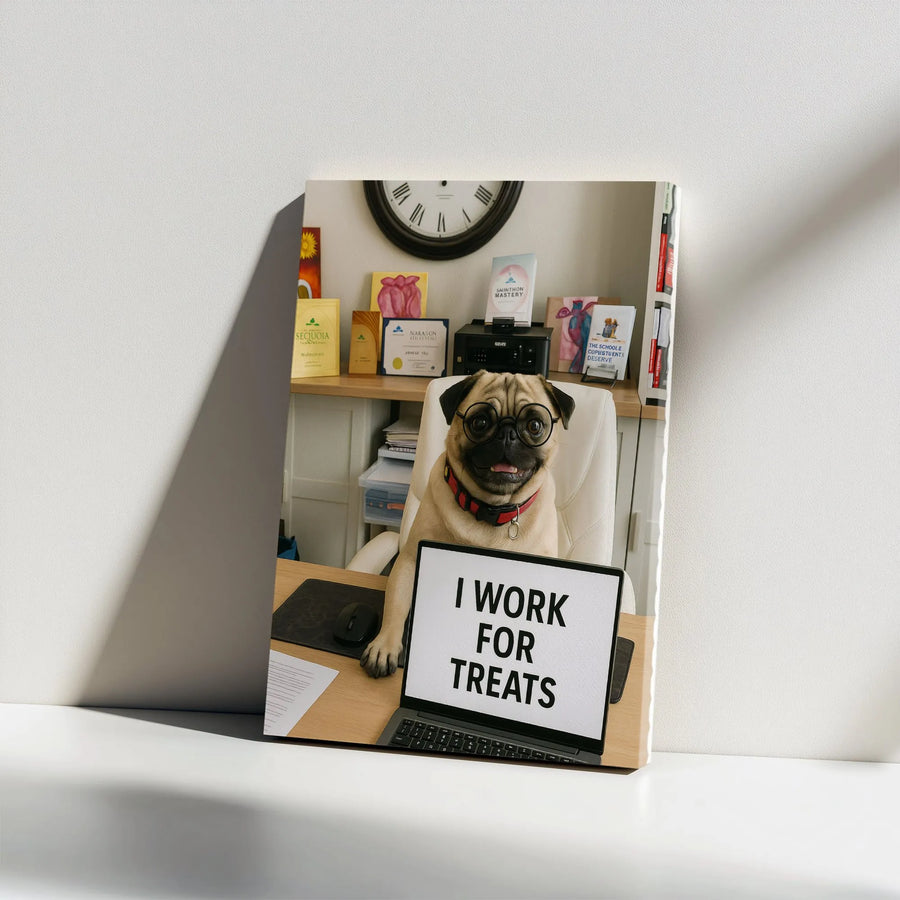 Funny Pug Office Wall Art | I Work For Treats Dog Laptop Print | 1.25 Inch Gallery Wrap Canvas | Unique Gift For Dog Lovers Or Coworkers