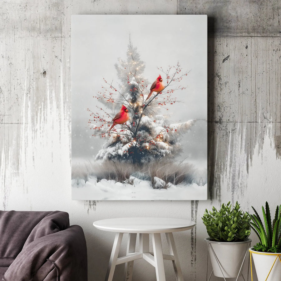 Red Cardinal Wall Art | Snowy Christmas Tree With Winter Berries | Premium Gallery Wrapped Canvas | Holiday Home Decor Gift