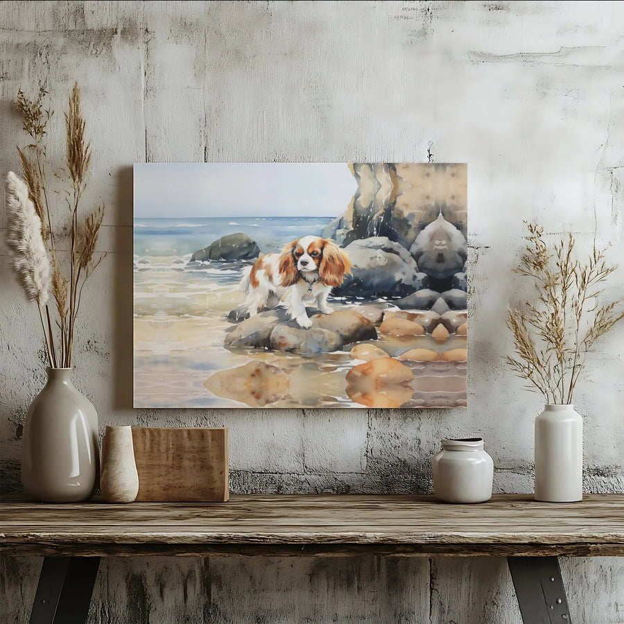 Cavalier King Charles Spaniel Wall Art | Watercolor Dog on Beach Portrait | Premium Gallery-Wrapped Canvas | Gift for Dog Lovers