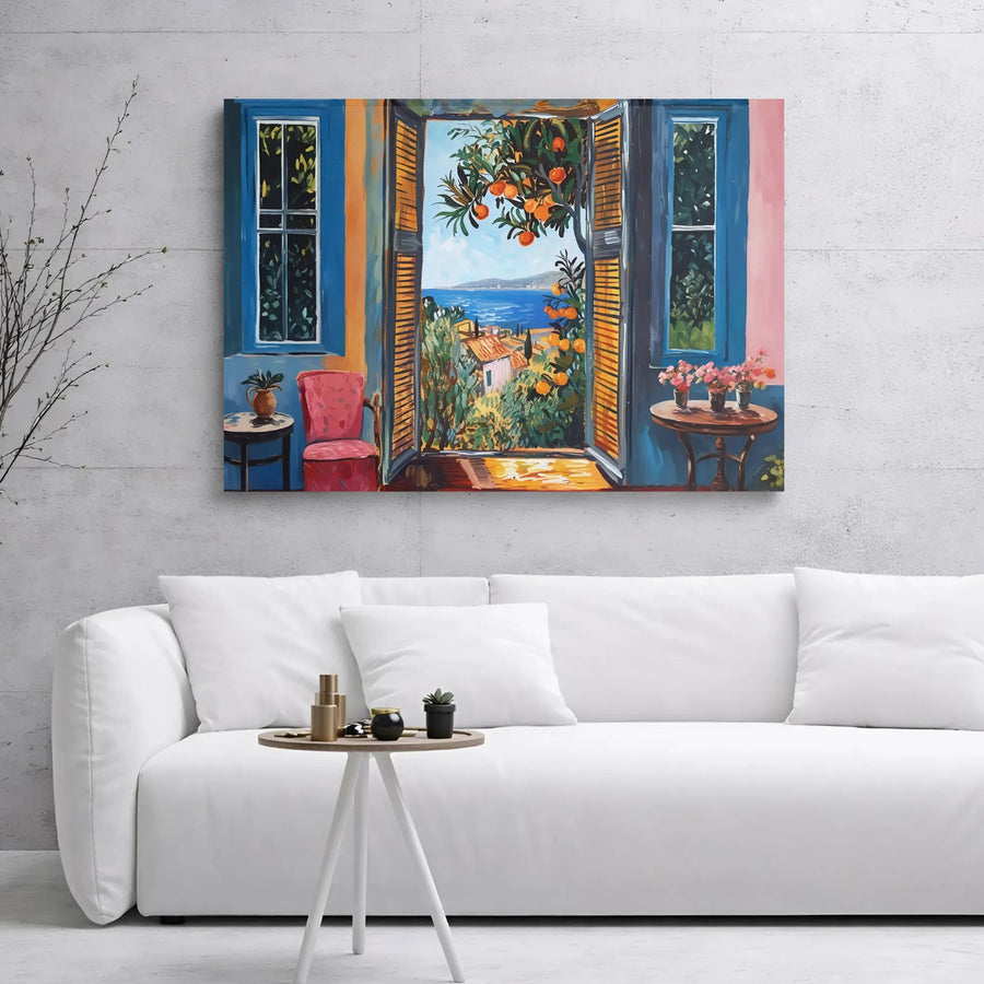 Mediterranean Window Canvas Print | Coastal Sea View with Orange Tree | 1.25” Gallery Wrap Premium Art | Vacation Home Decor Wall Hanging