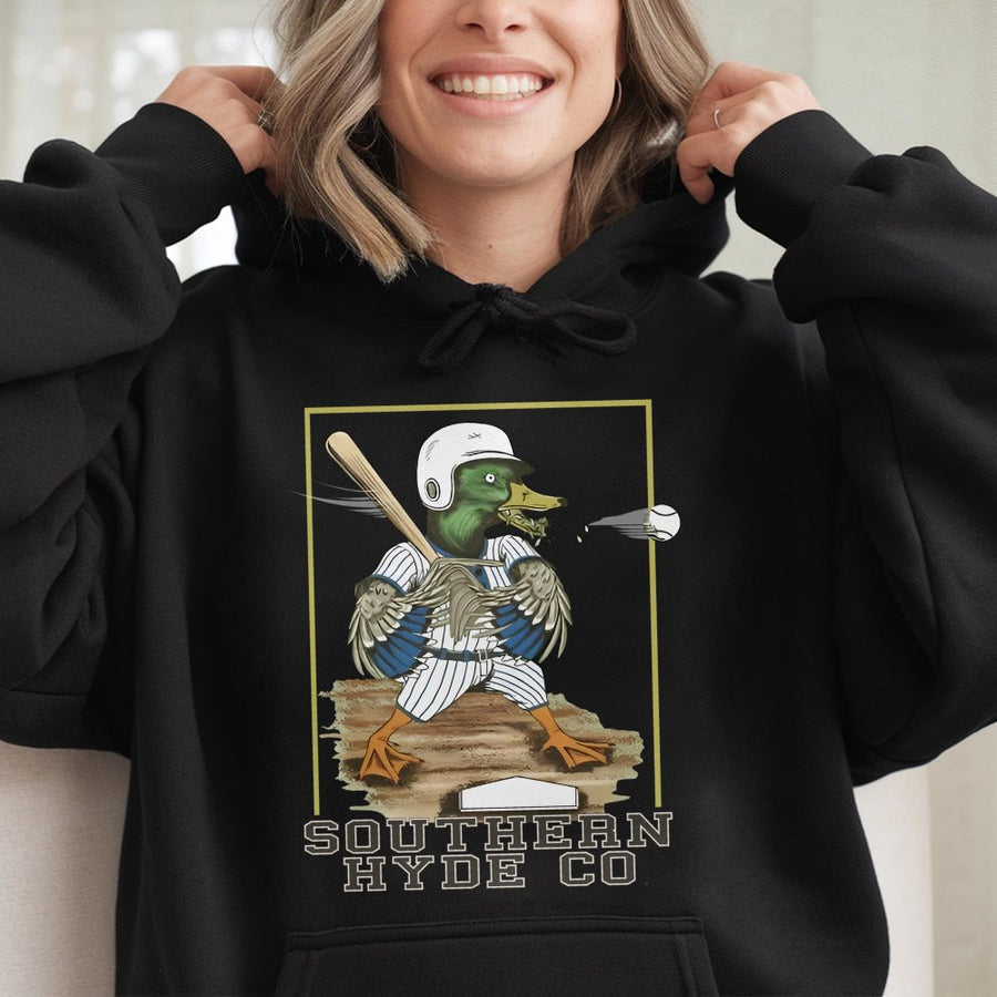 Duck Baseball Hoodie | Mallard Player Retro Graphic | Cotton-Poly Blend Sweatshirt | Funny Sports Gift for Him and Her