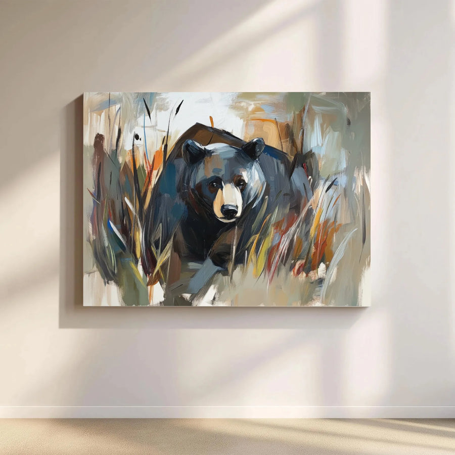 Abstract Black Bear Canvas Wall Art | Rustic Wildlife Forest Painting | Gallery Quality 1.25 Inch Wrap | Premium Nature Gift For Home Decor