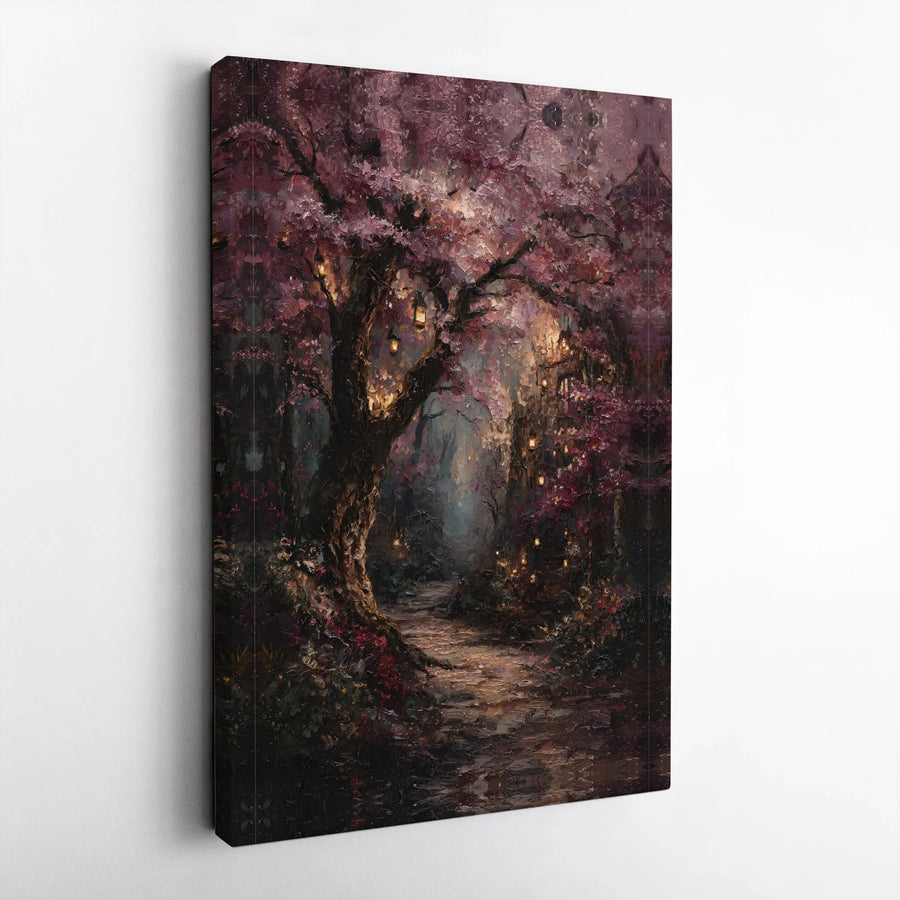 Enchanted Forest Canvas Wall Art | Whimsical Cherry Blossom Path with Glowing Lanterns | Premium Gallery Wrapped Decor | Gift for Fantasy Art Lovers