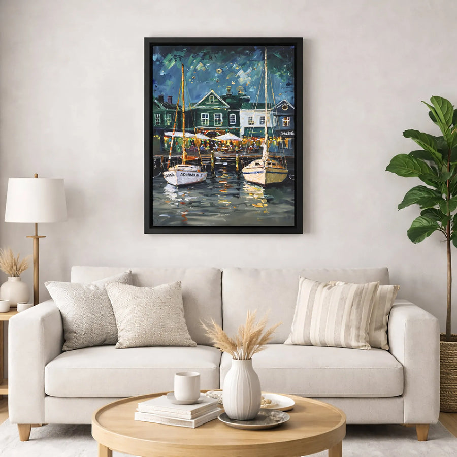 Nighttime Harbor Canvas Print | Impressionist Sailboat Waterfront Cafe Art | Gallery-Quality 1.25" Profile | Premium Nautical Home Decor Gift