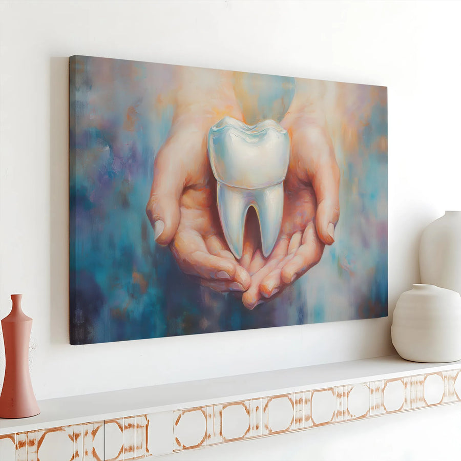 Dentist Office Wall Art | Hands Holding Molar Tooth Canvas Print | 1.25 Inch Gallery Wrap | Professional Dental Clinic Decor Gift