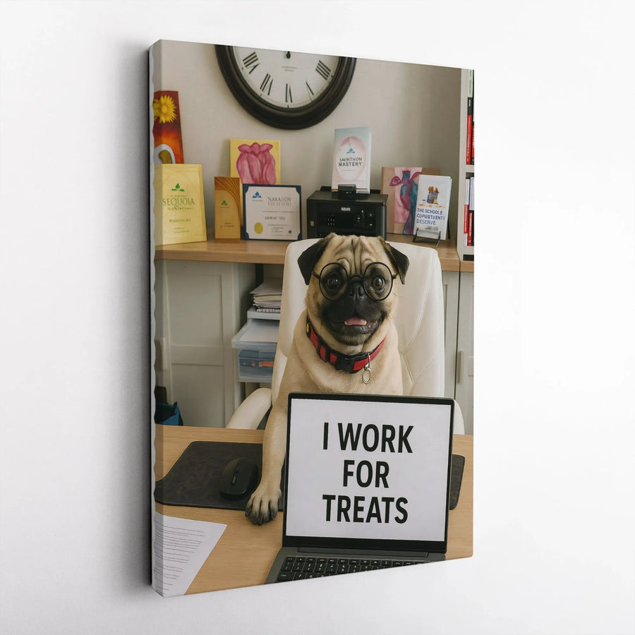 Funny Pug Office Wall Art | I Work For Treats Dog Laptop Print | 1.25 Inch Gallery Wrap Canvas | Unique Gift For Dog Lovers Or Coworkers
