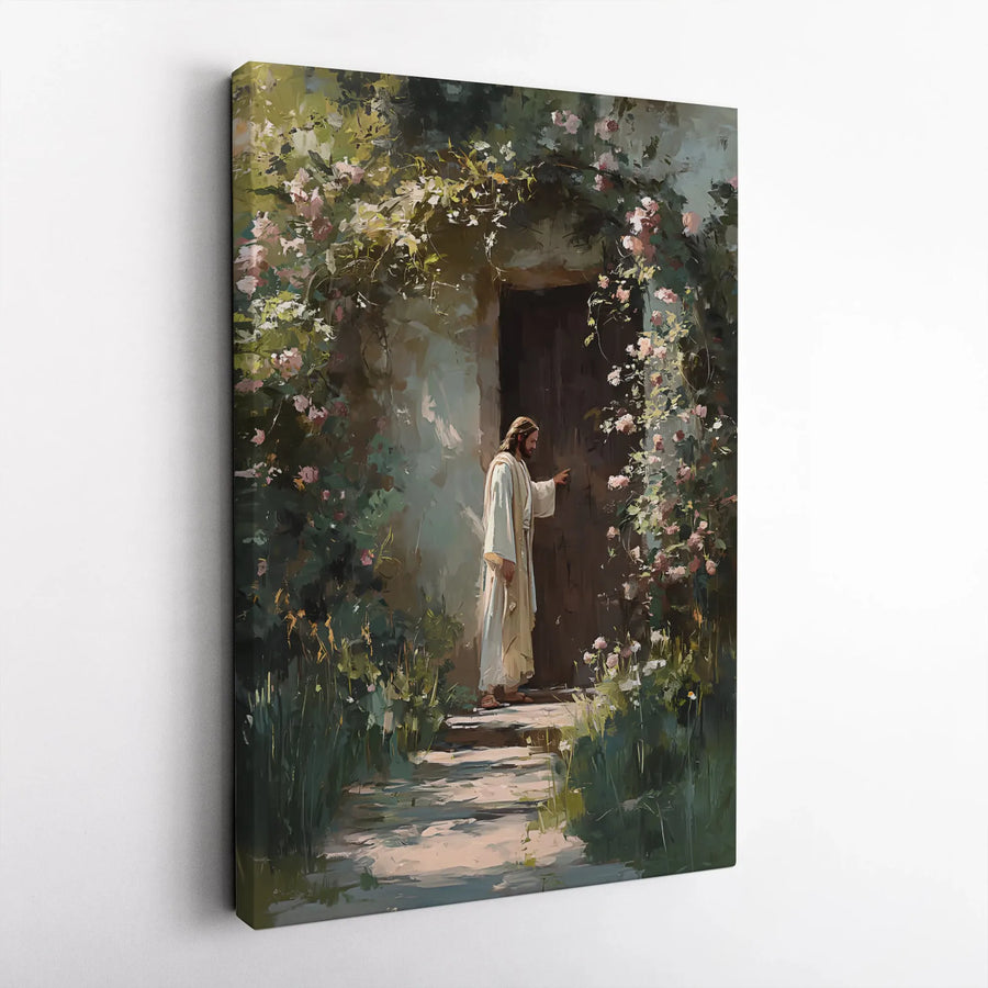 Jesus Knocking At The Door Canvas Print | Watercolor Floral Garden Art | Gallery-Quality 1.25 Inch Thick Wrap | Religious Home Decor Wall Gift