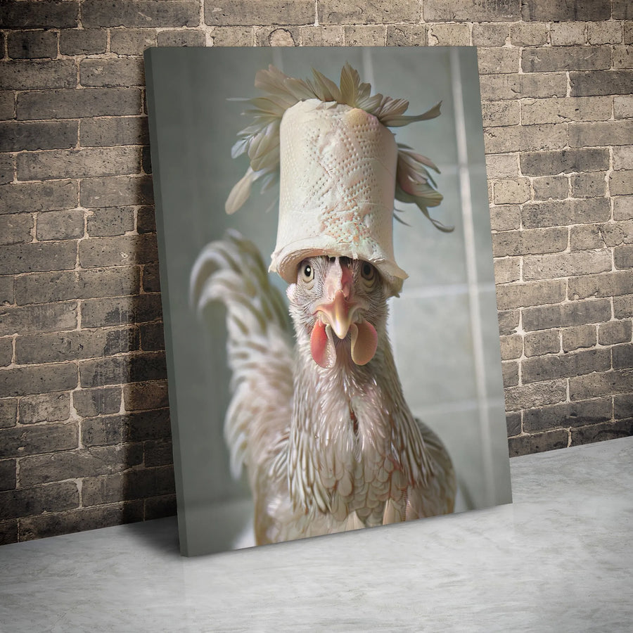Funny Chicken Wall Art | Whimsical Rooster with Toilet Paper Hat | Premium Gallery Wrapped Canvas | Quirky Farmhouse Decor Gift
