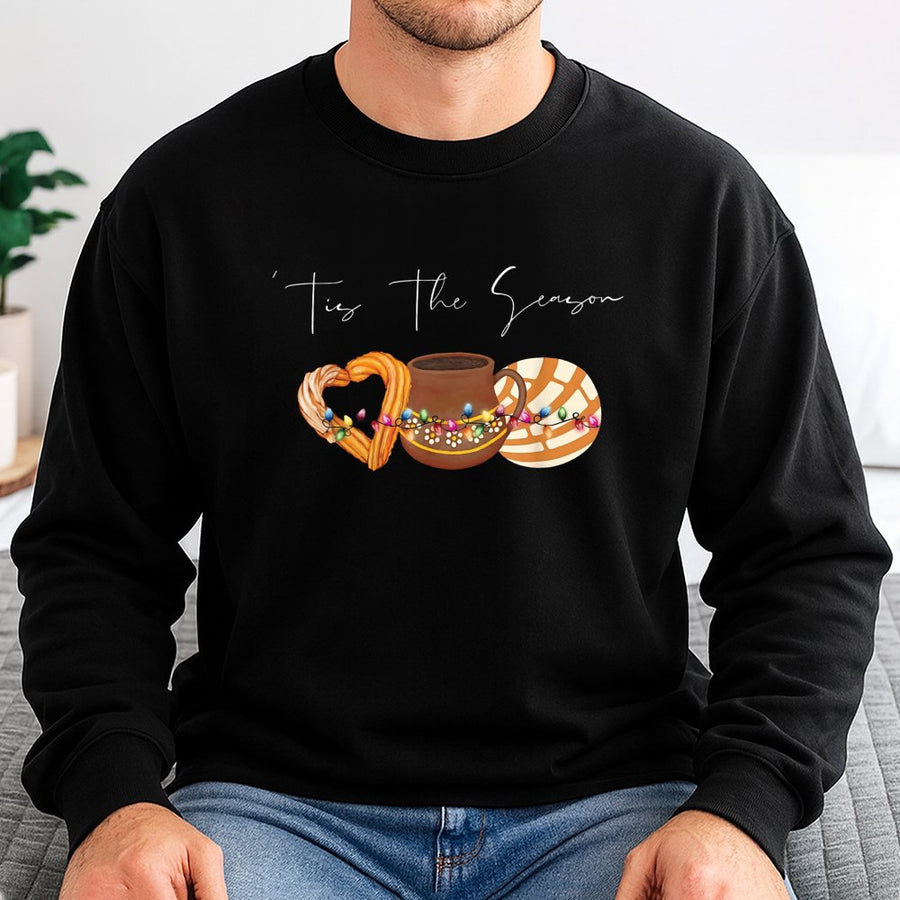 Tis The Season Mexican Christmas Sweatshirt | Churro Concha Hot Chocolate Graphic | Premium Cotton Blend | Holiday Gift For Her Mexican Foodie