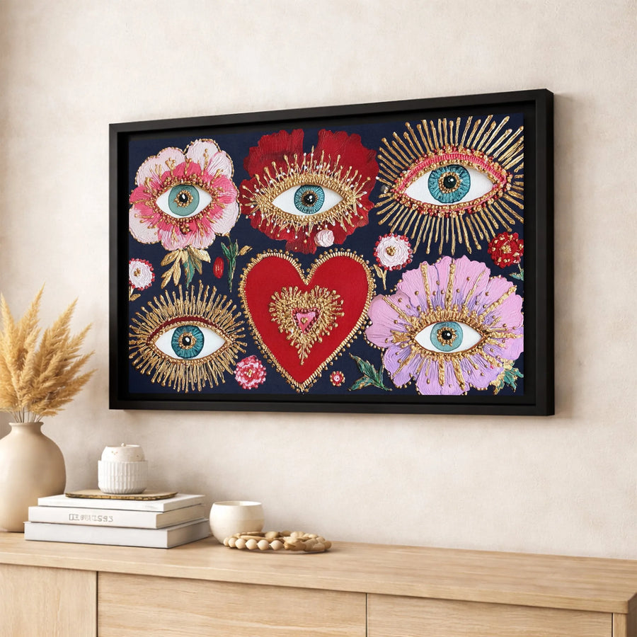 Bohemian Evil Eye Wall Art | Sacred Heart Floral Canvas Print | Gallery Quality Textured Decor | Spiritual Home Office Gift