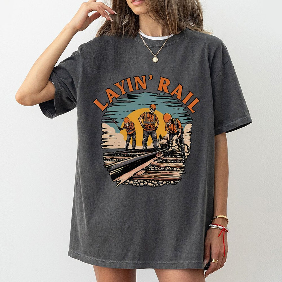 Railroad Worker T-Shirt | Layin' Rail Vintage Track Crew Design | Premium 100% Cotton Tee | Gift for Train Enthusiasts and Rail Employees