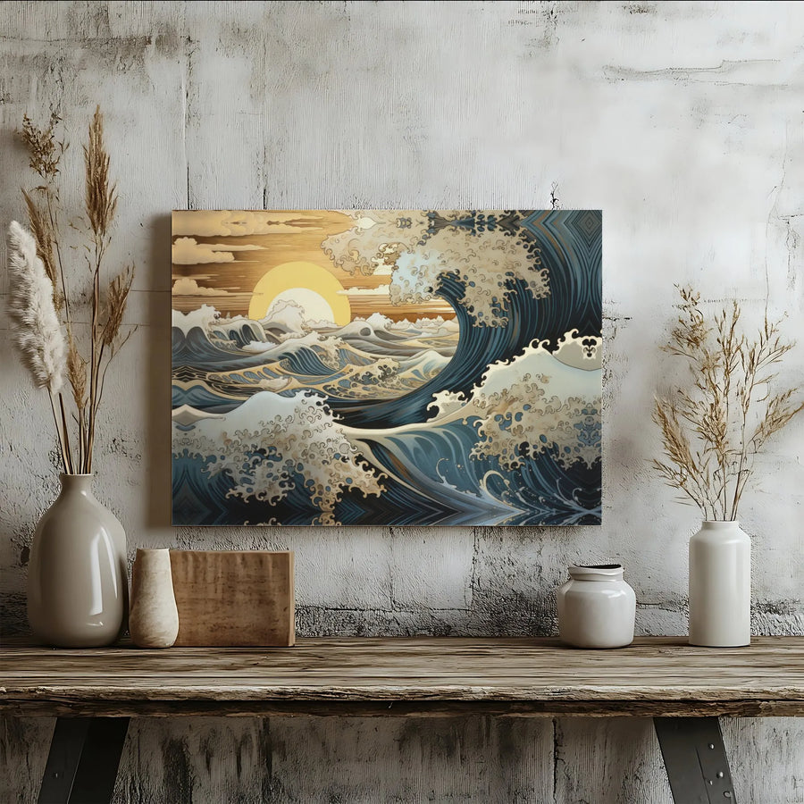 Japanese Great Wave Canvas Wall Art | Golden Sunset Ukiyo-E Inspired Design | Premium 1.25 Inch Gallery Wrap | Elegant Home & Office Decor